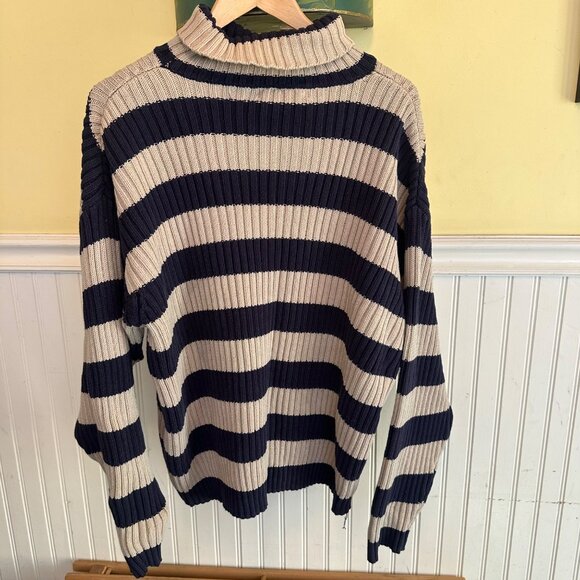 Banana Republic Striped Ribbed Turtleneck Sweater Navy & Beige L Cotton - Picture 1 of 5